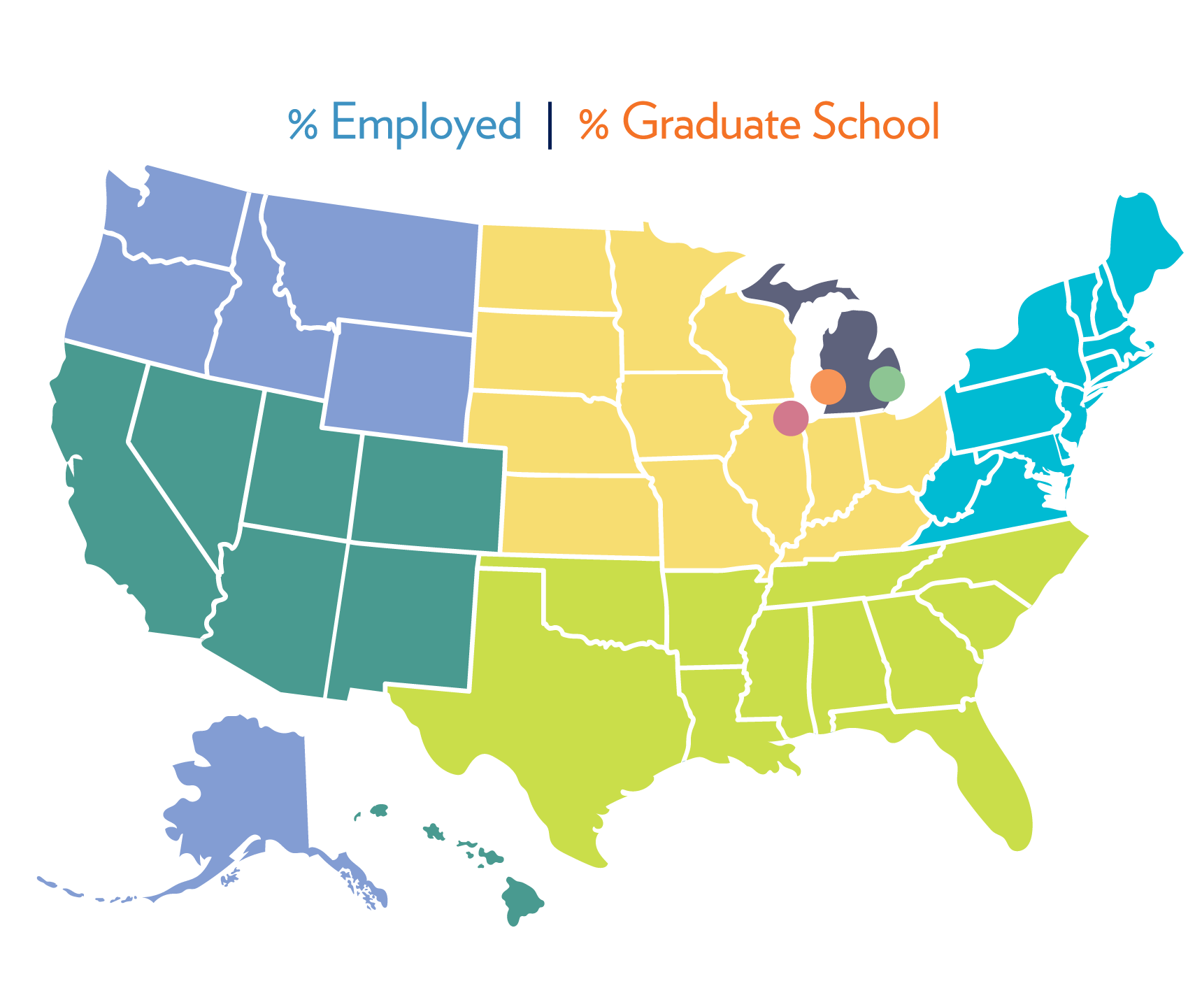 An image of the nation showing percentages by region of graduates who are employed or in grad school