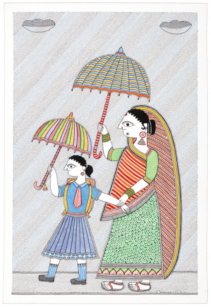 Mithila stlye dot painting of a mother and daughter walker walking in the rain