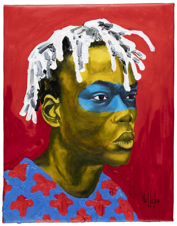 Contemporary aferican ameican man with a blue mason over his eyes