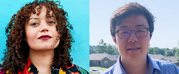 A young woman with curly brown hair and red lipstick and a young asian man with glasses