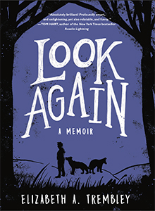 Look Again book cover with a person and two dogs 