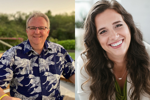 Dr. Michael Dickinson '87 and Sarah Sanderson '03 A middle aged man smiling in patterned blue shirt and right: a photo of a young brunette woman smiling