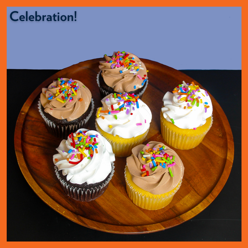 A photo of six cupcakes from the Celebration care package